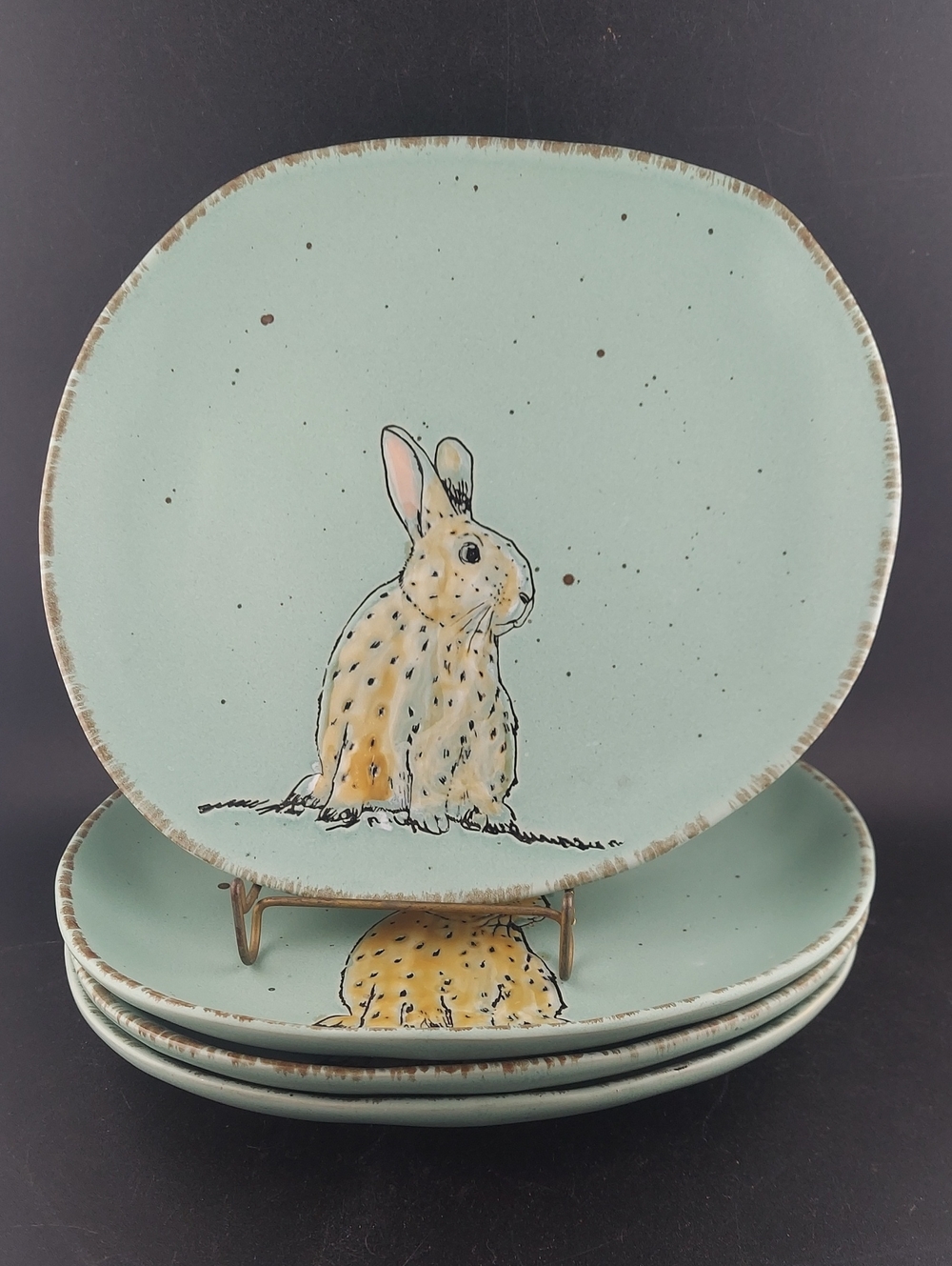 Inhomestylez,Mint Ceramic Plate with Rabbit Illustration - Set Of Four